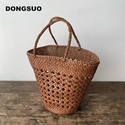 Designer Woven genuine leather bucket bag Women cowskin basket tote handbag brown hollow out summer purse 2021 new