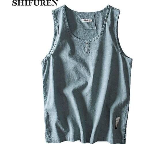 SHIFUREN Summer Causal Tank Tops Men Cotton Linen Sleeveless Shirts Soft Breathable O-Neck Male Tops Tees Clothes Size M-3XL