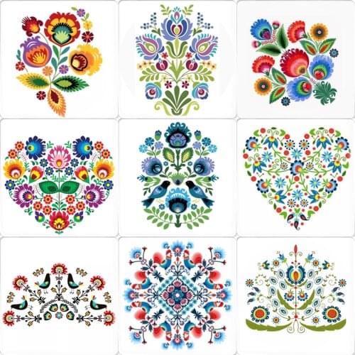 JWEIJIAO Polish Folk art pattern Square Shape 12mm/25mm Flat Back Glass Cabochon Findings DIY Jewelry materials PF132