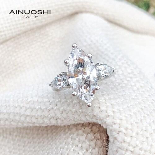 AINUOSHI 8x16mm Marquise Cut SONA Diamond Silver Engagement Rings For Women Sterling Silver Promise Ring 3-stone Rings Gift