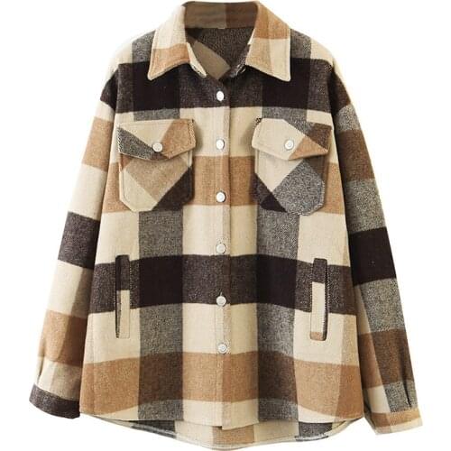 Loose Casual Wool Plaid Jacket Women Turn Down Collar Fashion Coat With Pockets Autumn Long Sleeve Ladies Jackets Coats