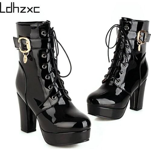 LDHZXC Patent Leather Platform Long Boots Gothic Black White Fashion Square Heel Knee High Boots Women with Zipper Good Quality