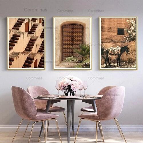 Morocco Door Donkey Ancient Stepwell Wall Art Canvas Painting Nordic Posters and Prints Pictures for Living Room Home Decoration