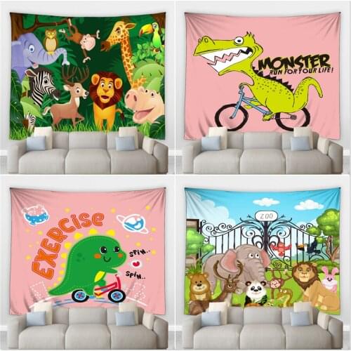 Cartoon Anilal Big Tapestry Wall Hanging Zoo Lion Tiger Elephant Giraffe Zebra Owl Monkey Dinosaur Pattern Childrens Room Decor
