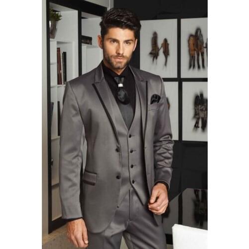 2017 Latest Coat Pant Designs Smoking Grey Satin Men Suit Slim Fit 3 Piece Groom Tuxedo Custom Suits Prom Blazer Terno Masculino