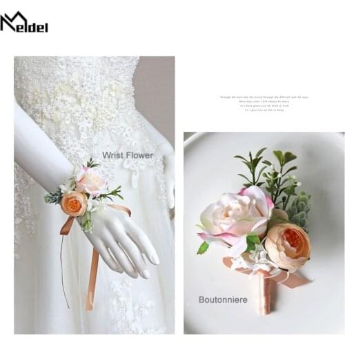 Meldel Wrist Corsage Bracelet Men Wedding Boutonniere Bridesmaid Wrist Corsage Bracelet Girl Flower Artificial Silk Rose Flowers