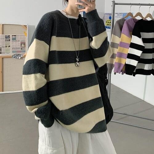 HYBSKR Autumn Winter Mens Striped Sweater Thickened Casual Loose Male Pullovers Oversize Top Korean Style Casual Mens Clothing