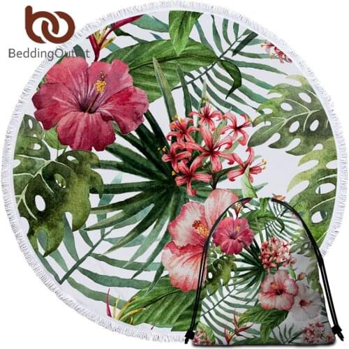 BeddingOutlet Flowers Round Beach Towel Microfiber Leaves Bath Towel Tassels Tropical Plants Red Green White Picnic Mat toallas