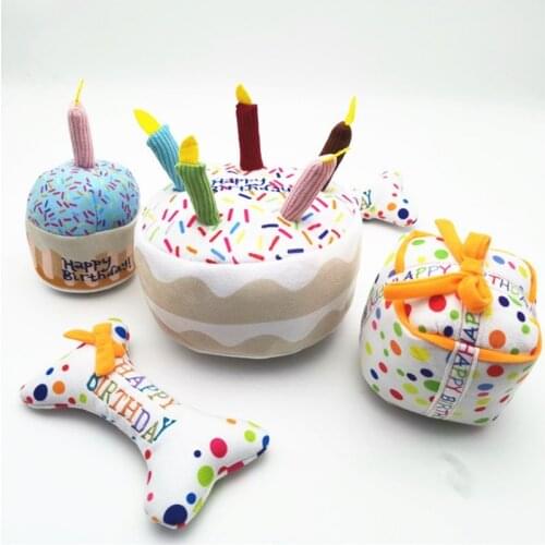 Happy Birthday Pet Plush Toy Birthday Cake Dog and Cat Toy Bite-resistant Vocal Toy