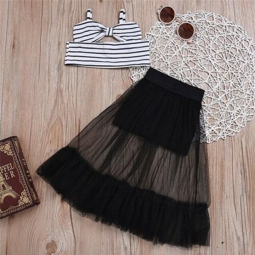 Striped Sleeveless Bow Crop Top Shirts Tulle Lace Skirt Clothing Summer Girl 6M-5T 2PCs Kids Child Baby Girls Clothes Set