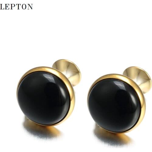 Low-key Luxury Black Onyx Cufflinks for Mens Business Lepton High Quality Gold Color Round Onyx Stone Cuff links Relojes gemelos
