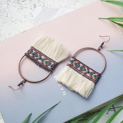 Antique Alloy Bohemian Style Handmade Craft Fabric Tassel Brush Dangle Drop Earrings for Women Ladies Girls Jewelry Ornaments