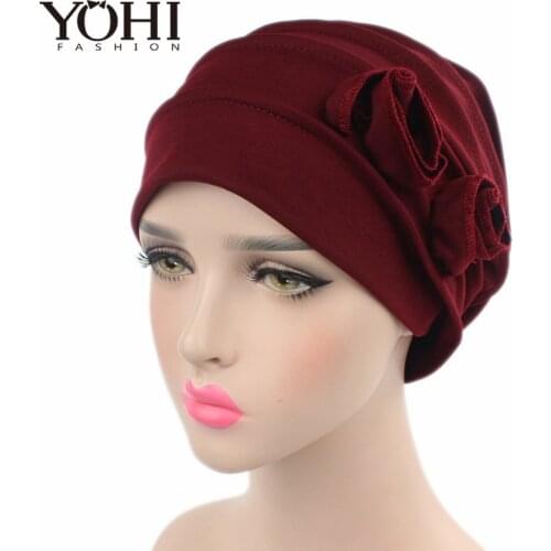 New fashion cotton chemotherapy caps double flower head caps beanie hat Elegant stretch Side Flower Pleated Muslim Turban