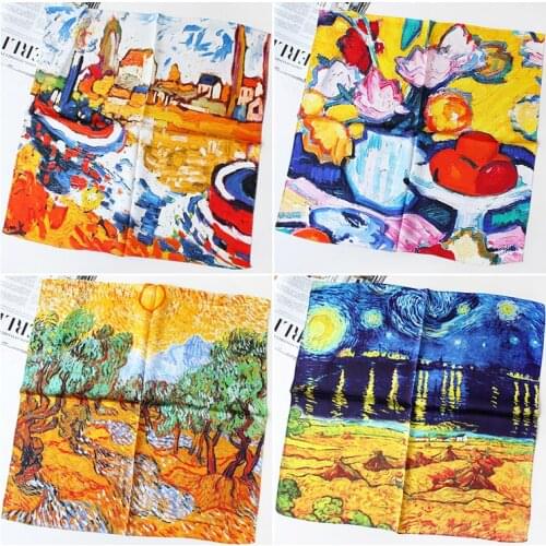28colors Women Scarf Fashion Square Scarves Head Neck Tie Band Professional Neckerchief 100% Silk Van Gogh Scarf for Hair Band