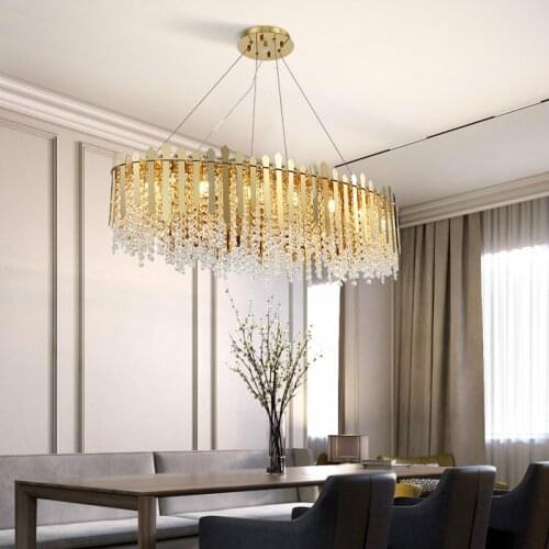 Modern Dining Room Oval Gold Steel Led Pendant Lights Lustre K9 Crystal Cord Hanging Lamp Luxury Indoor Lighting Lamparas