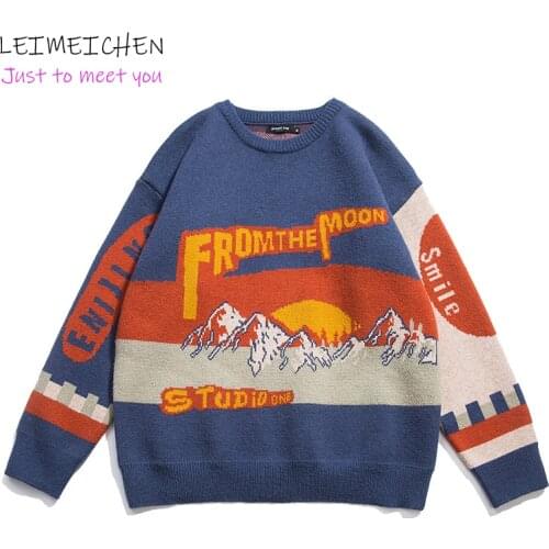 LEIMEICHEN Men Sunset Print Vintage Winter Sweaters 2020 Pullover Mens O-Neck Fashions Sweater Women Casual Harajuku Clothes