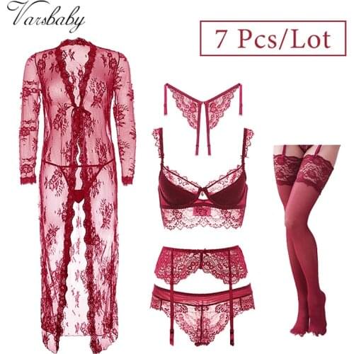Varsbaby Sexy Lace Push Up Lingerie Set Nightgown+Bra+ Panties+ Stockings +Y-line Straps +Thong 7 Pcs