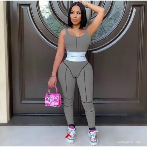 Echoine Summer Sleeveless Skinny Jumpsuit Bodycon Partchwork Playsuit Sexy Bodycon Fitness Yoga Suit Gym Training Clothes