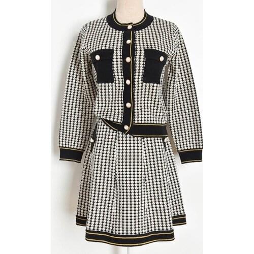 2020 Autumn Winter Sweater Sets for Women Skirt and Top Set Plaid O-neck Single Breasted Cardigan Top + Mini Skirt 2 Piece Set