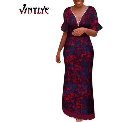 Boubou Africain Femme Robe Dresses V-neck Lady Long Dress Dashiki Bazin Riche Party Clothes Nigerian Dresses for Women WY7586