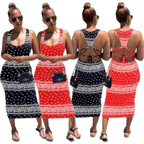Zoctuo 2020 Bandana Print Summer Dresses for Women Sleeveless Backless Sexy Bodycon Dress Tank O-Neck Midi Dress Streetwear