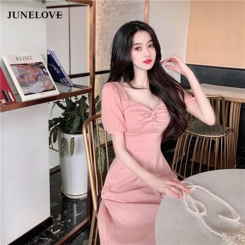 JuneLove Women 2020 Summer Puff Sleeves Square Collar Solid High Waist Retro Dresses Female Casual Slim Vintage Dress Vestidos