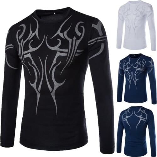 2021 British slim fashion printing long-sleeved T-shirt domineering tattoo quick-drying clothes bodybuilding clothes