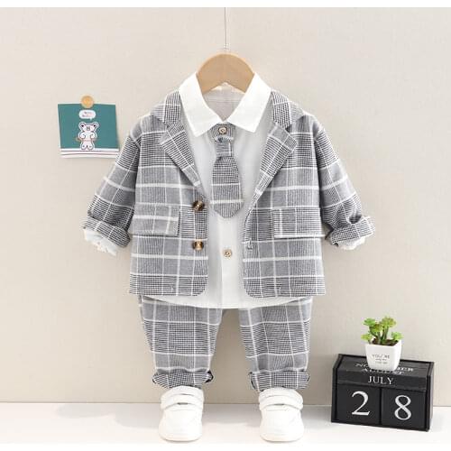 BOY Wedding Children Kids Tie Party Formal Cotton Gentleman Casual Boys Jackets T-Shirt Pants 3pcs/Sets Infant Suit Clothes