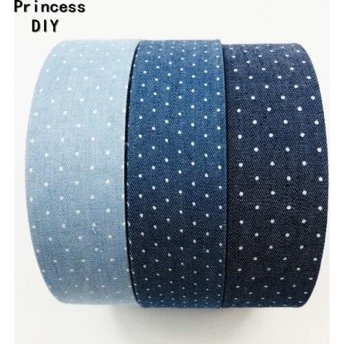 5Meters Cowboy Demin Grosgrain Jeans Ribbon Small Dots Printed Fabric Denim Jeans Riband Trim Tape DIY Hair Bow Choker Material