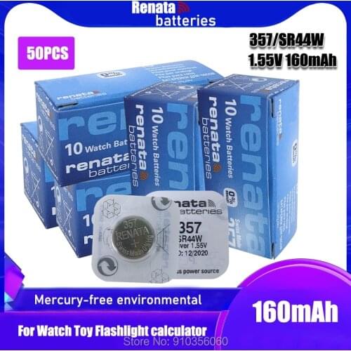 50PCS 100% Original Brand Swiss Made Renata 357 SR44W SR44 LR44 A76 L1154 SR44 357A AG13 Silver Oxide Watch Battery