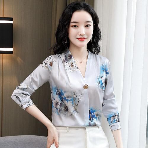 Korean Women Silk Shirt Blouses Woman Satin Floral Blouse Shirts Women Long Sleeve Shirts Tops Woman Print Blouses Top Plus Size