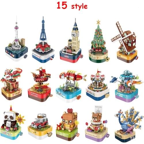 15 Style Theme Rotating Music Box Building Blocks City Friends Tree House Bricks Toys DIY Blocks For Children New Year Gifts