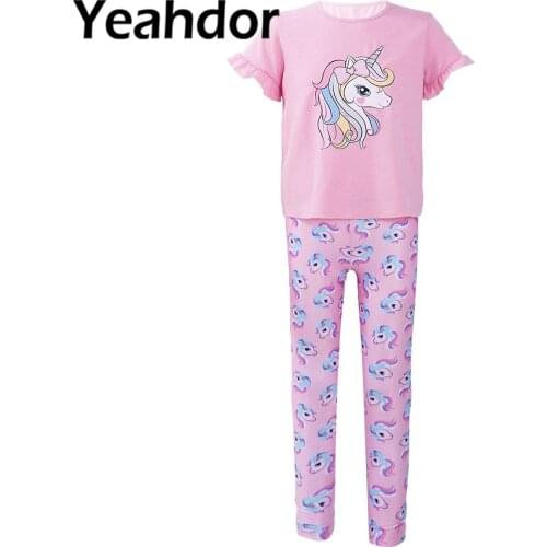 6-14T 2Pcs Kids Girls Casual Suit Outfit Sleepwear Round Neck Long Sleeves Ruffle Trim Cartoon Horse Print Tops and Pants Set