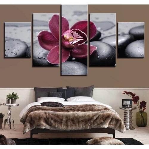 Canvas Hd Print Painting Modular Picture Wall Art 5 Panel Purple Orchid Black Pebbles Frame Poster Modern Home Decor Living Room
