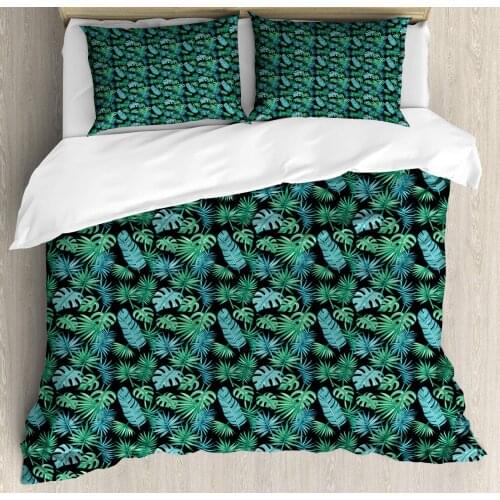 Tropical Duvet Cover Set Exotic Leaves Hawaiian Plantation 3 Piece Bedding Set Charcoal Grey Shamrock Green Pale Petrol Blue