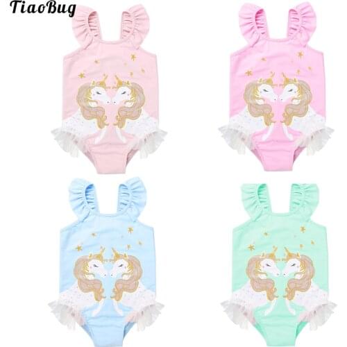 TiaoBug Summer Kids Girls One-Piece Swimming Bodysuit Cute Cartoon Patterns Mesh Swimsuits Swimwear Beach Bathing Pool Tankini