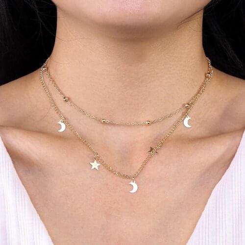 Fashion Women Jewelry Double Layered Moon Star Female Necklace Choker Gold Color Necklace Girl Party Wear Gift Bijoux ZTXL072