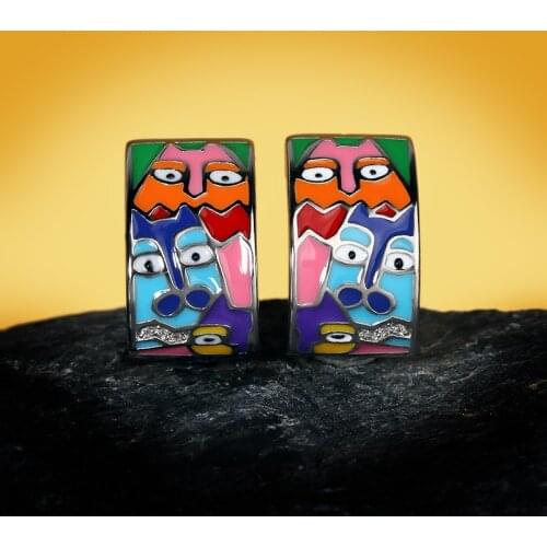 Fashion Design Real 925 Sterling Silver Handmade Multicolour Enamel Earring Unique Face Pattern Ear Stud Earing Cocktail Jewelry