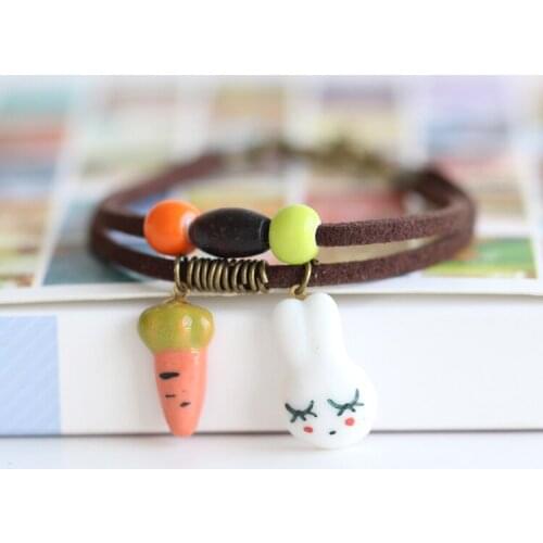 Fashion Cute Rabbit and Carrot Pendant Hand Kneading Creative Bracelet Design Double Layer Leather Rope Jewelry for Girl Mujer