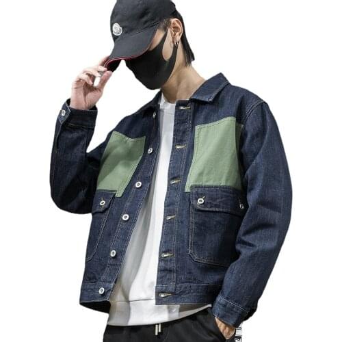 Mens Fashion Blue Motorcycle Jacket Color Block Denim Jacket 2021 Spring and Autumn Loose Trendy Brand Mens Jacket