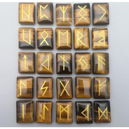 Natural tiger eye Stone Viking Runes Amulet Set Reiki Healing Crystals Divination Tumbled rectangle Stones Wholesale 25pcs