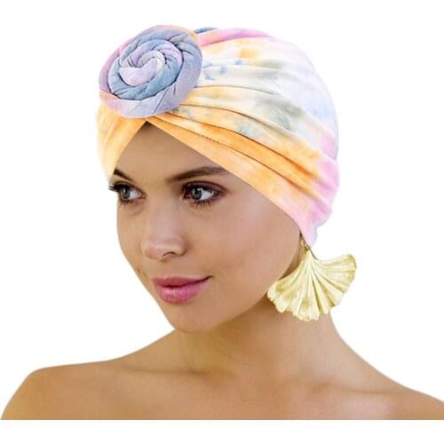 New European And American Popular Milk Silk Tie Dyeing Sanding Whirlpool Flower Hat Turban Hat Multi Color Hedging Hat For Women