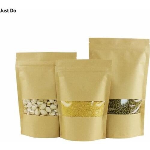 Kraft paper stand up Zip Lock Plastic Packaging Bag with clear window kraft window bag for Dried Food Fruit Tea Gift package