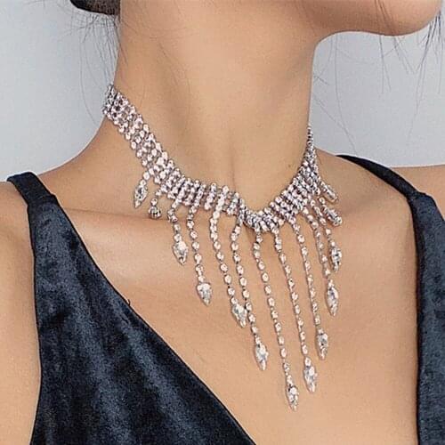 Luxury Rhinestone Multi Layer Tassel Choker Necklace for Women Party Bling Crystal Chain Water Drop Necklace Statement Jewelry