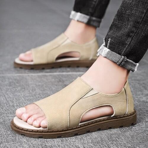 Summer Mens Leather Open Toe Sleeve Foot Hollow Casual Sandals Lightweight Non Slip Roman Shoes Business Casual Shoe Size 39-44