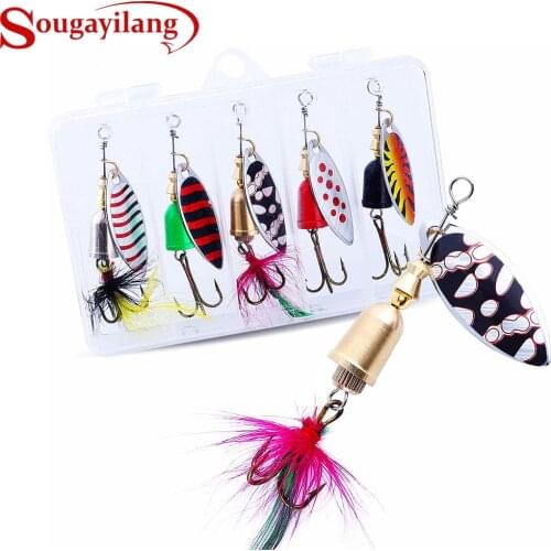 Sougayilang 5pcs Spinners Baits Hard Metal Fishing Combo Lures Bass Trout Salmon Baits Kits Spinnerbaits Tackle with Box
