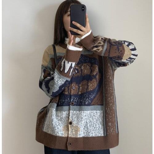 2021 Fashion New Long Sleeve Round Neck Graffiti Sweater Loose Korean Ladies Knit Cardigan Jacket All-match in Autumn and Winter
