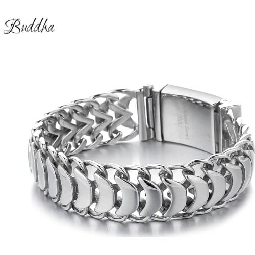 20mm Heavy Mens Buddha Bracelet Curb Cuban Link Silver Color 316L Stainless Steel Wristband Male Jewelry with Logo
