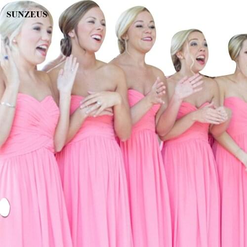Bright Pink Bridesmaid Gowns With Pleated Corset Long Chiffon Wedding Party Dress A-line Sweetheart Simple Formal Gown BDS018