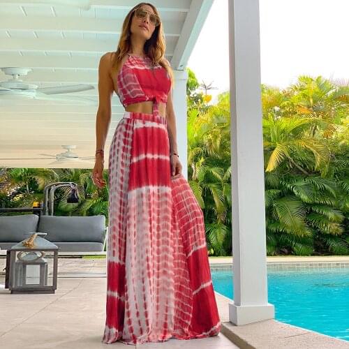 Puloru Women Sexy Two-piece Skirts Set Tie-dyed/Leaves Print Beach Suits Halter Backless Crop Tops+Maxi A-Line Skirts Party Set